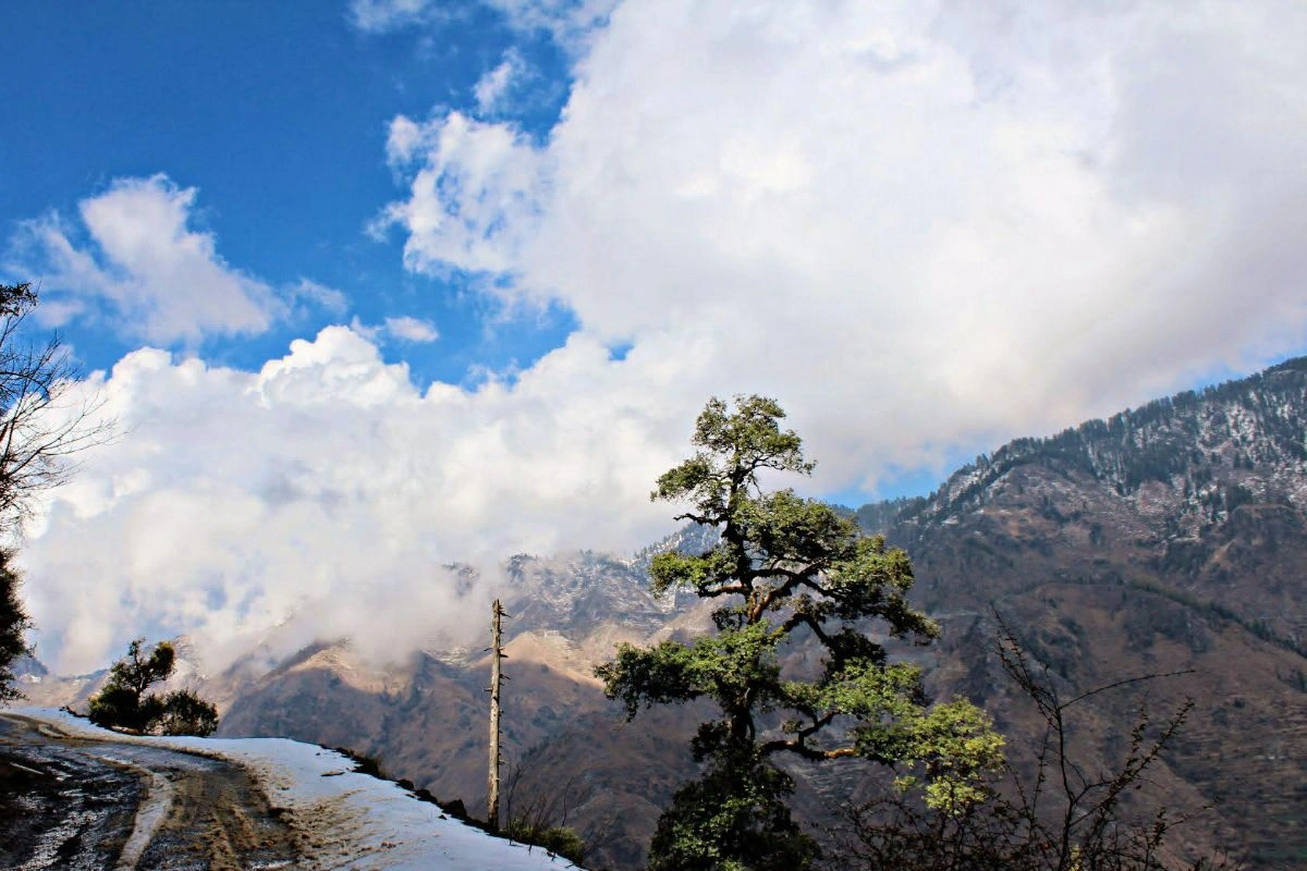 Chakrata hills during monsoon with lush green forests, misty mountains, and flowing streams